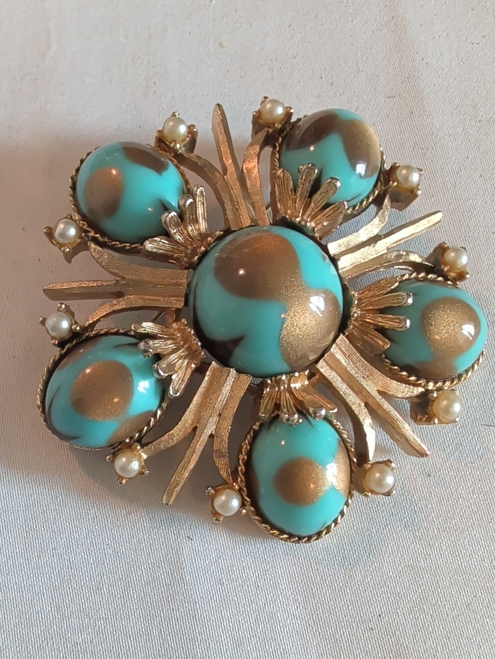 Vintage Cathe Signed Aqua Art Glass Brooch